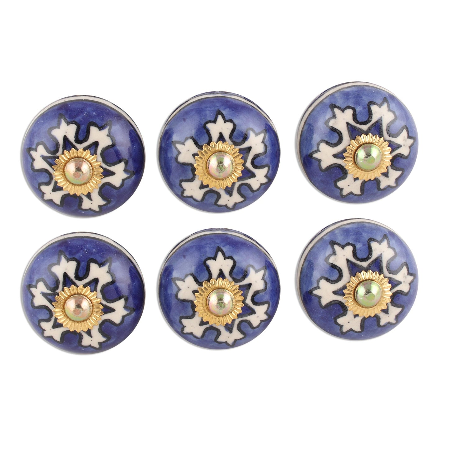 Starry Brilliance Star Motif Ceramic Knobs from India (Set of 6)