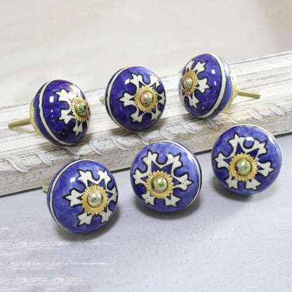 Starry Brilliance Star Motif Ceramic Knobs from India (Set of 6)