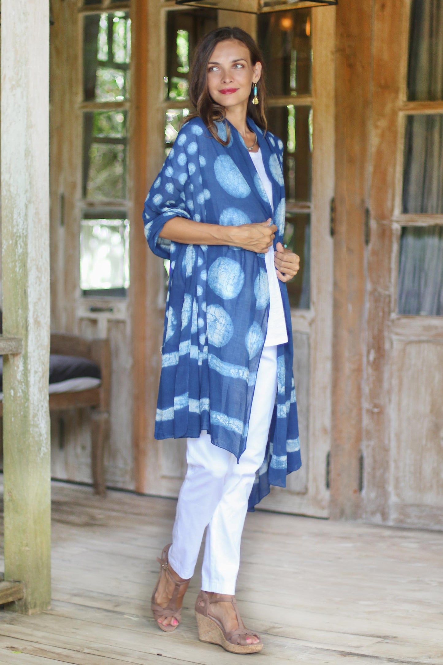 Indigo Bubbles Bubble Motif Block-Printed Cotton Shawl from India