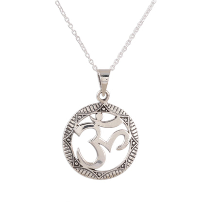 Meditative Medallion Sterling Silver Om Pendant Necklace from India