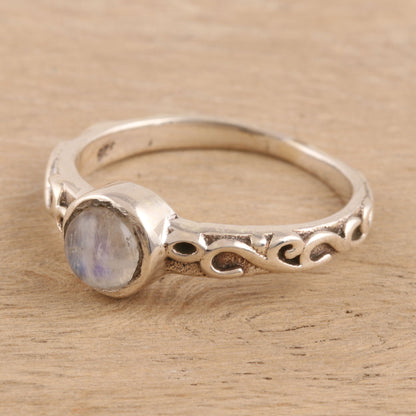 Misty Globe Rainbow Moonstone Solitaire Ring Crafted in India