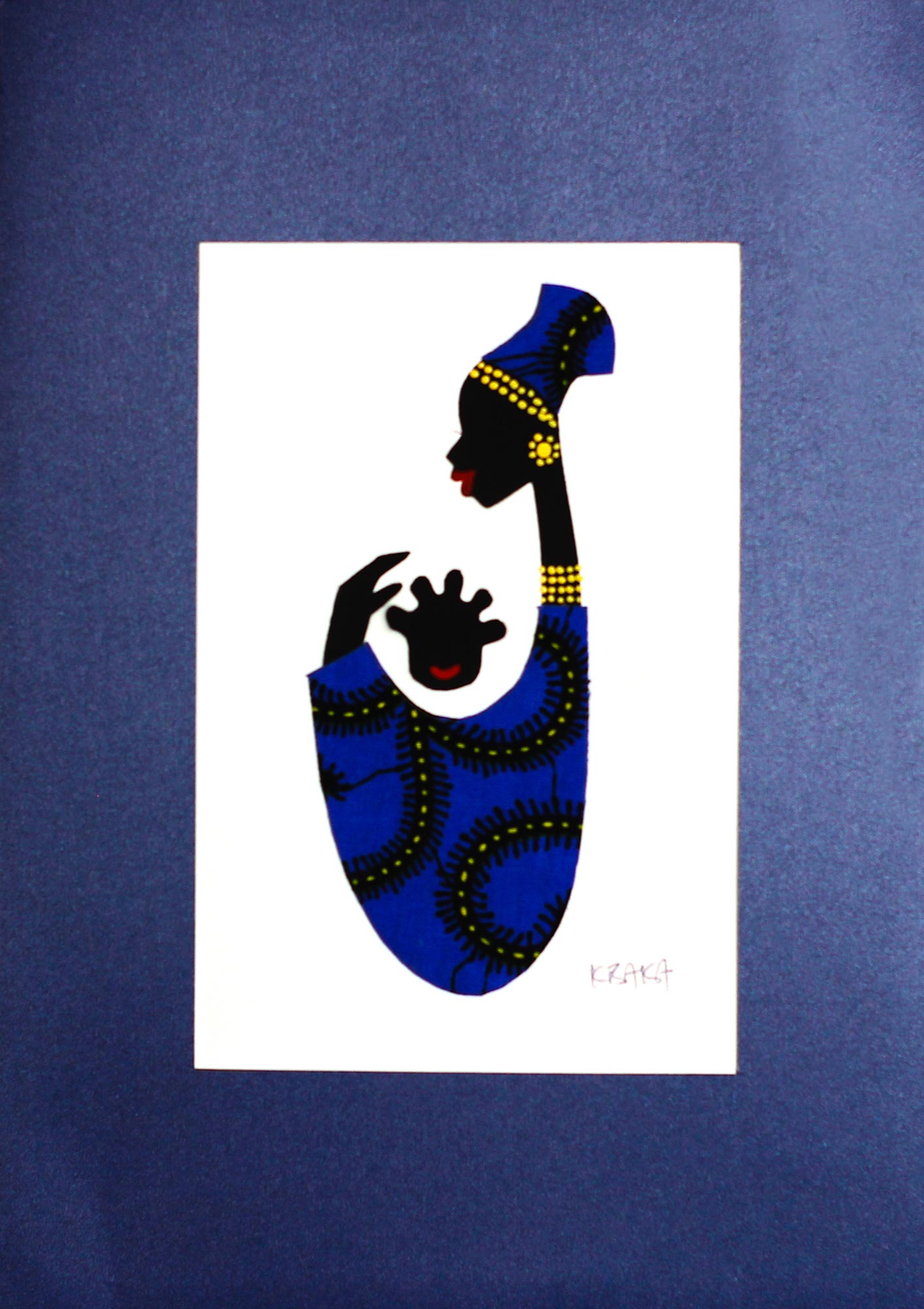 Baby Kaa Fo II Signed Mixed Media Painting of an African Mother in Blue