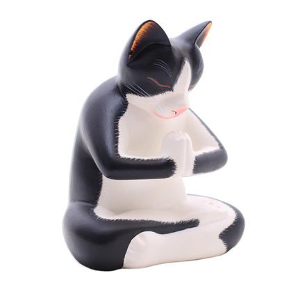 Meditating Tuxedo Kitty Wood Sculpture of a Meditating Tuxedo Cat from Bali