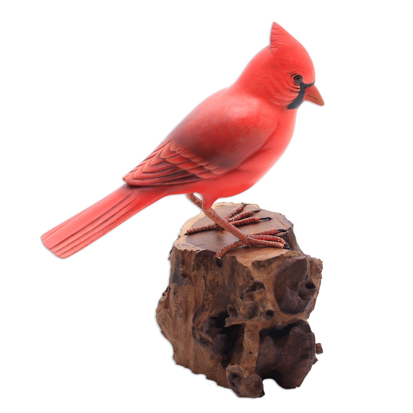 Perched Virginia Cardinal Hand-Painted Wood Virginia Cardinal Sculpture from Bali