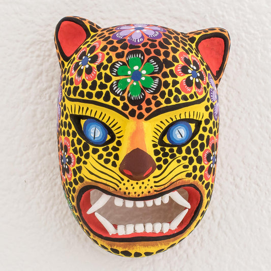 Jaguar Guardian Hand-Painted Wood Jaguar Mask from Guatemala