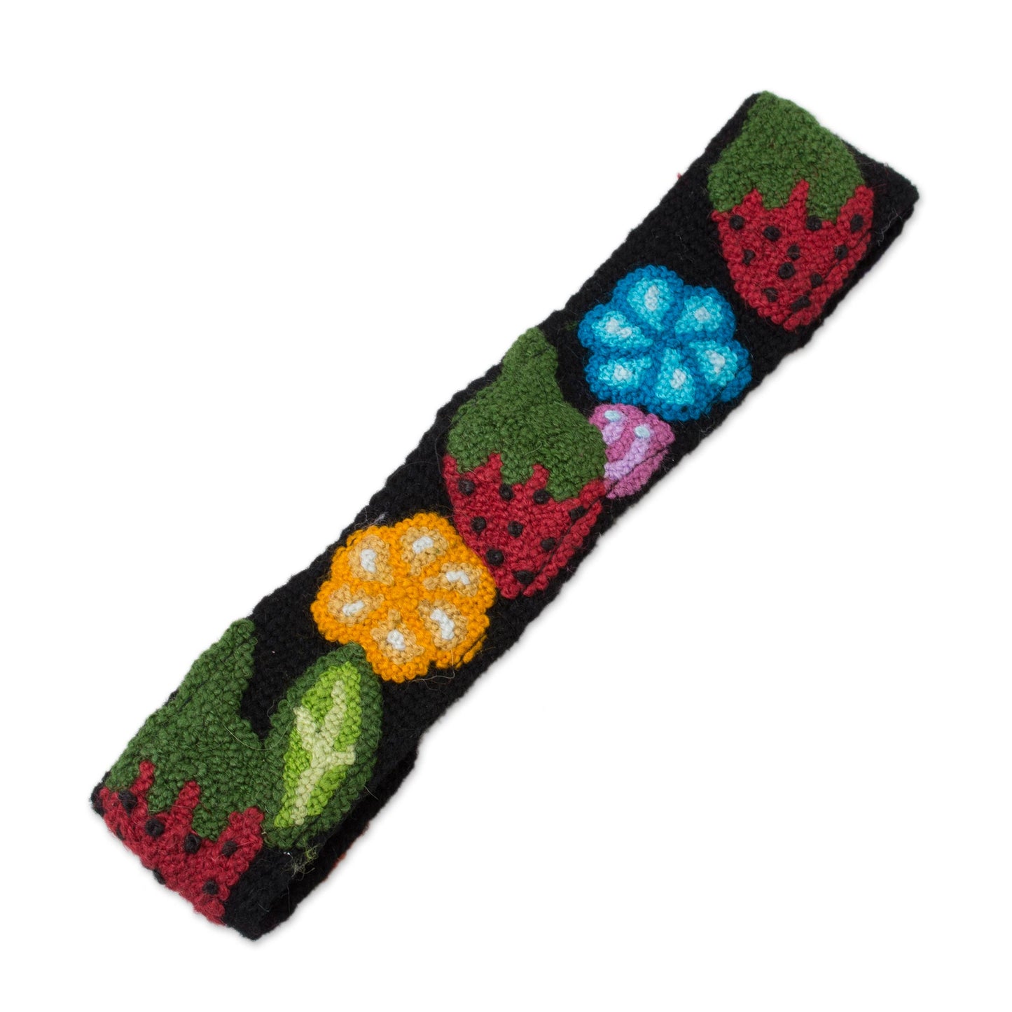 Flowers and Strawberries Floral and Strawberry Pattern Wool Headband from Peru