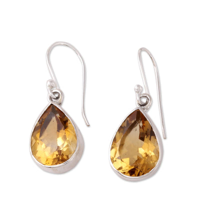 Yellow Glimmer 9-Carat Teardrop Citrine Dangle Earrings from India