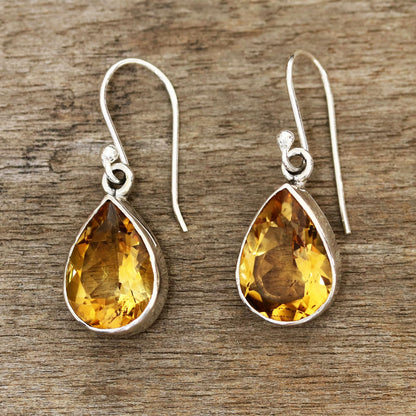 Yellow Glimmer 9-Carat Teardrop Citrine Dangle Earrings from India