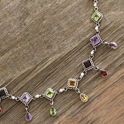 Shimmering Light Multi-Gemstone Link Necklace Crafted in India