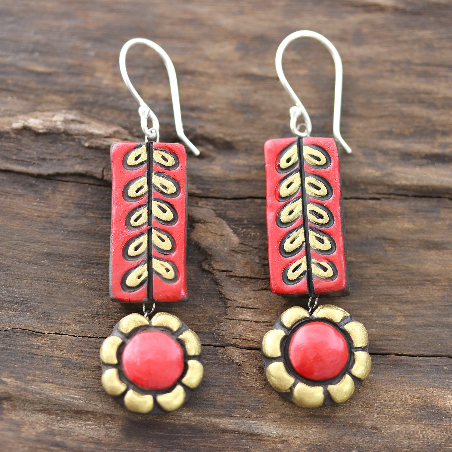 Creative Flowers Red and Golden Floral Ceramic Dangle Earrings from India