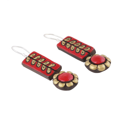 Creative Flowers Red and Golden Floral Ceramic Dangle Earrings from India