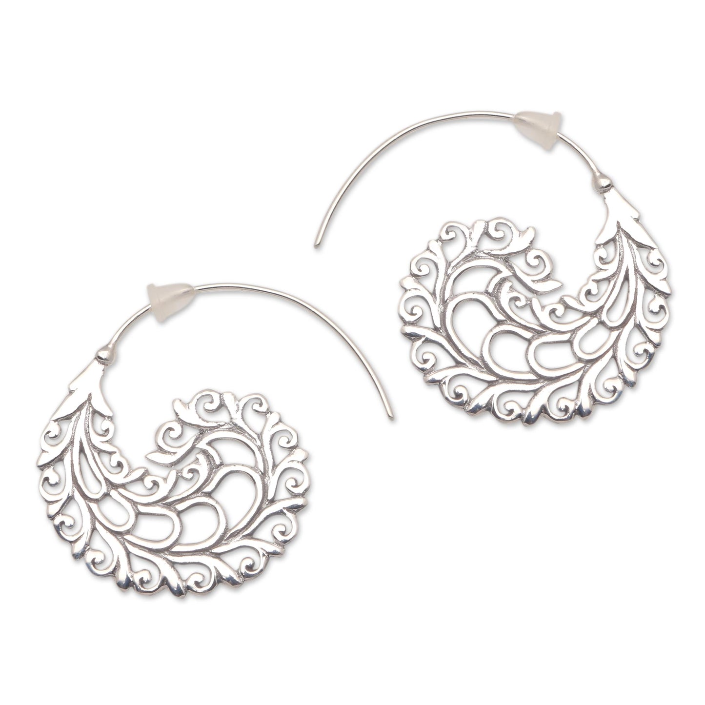 Romantic Vines Vine Pattern Sterling Silver Half-Hoop Earrings from Bali