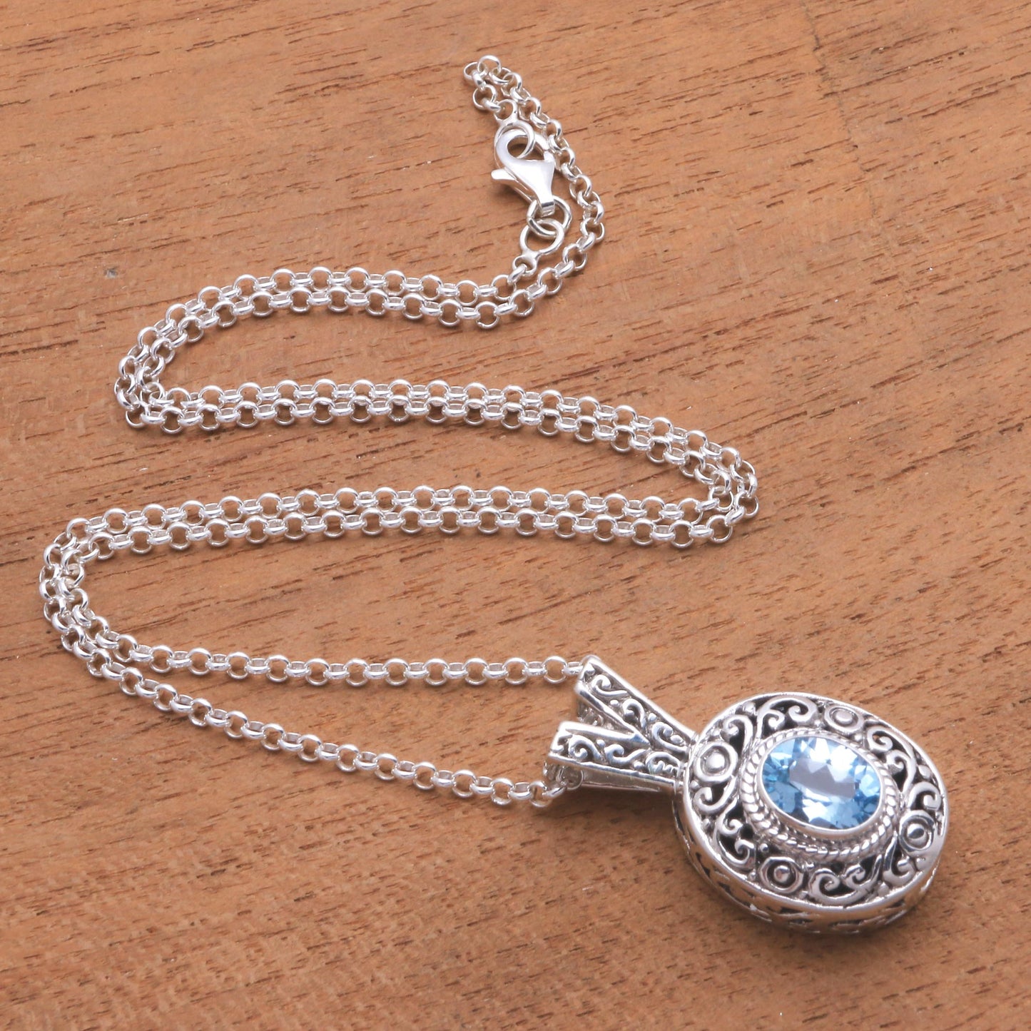 Angel Eye Swirl Pattern Blue Topaz Pendant Necklace from Bali