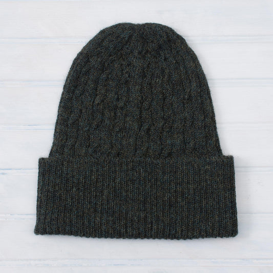 NOVICA  Cable-Knit 100% Alpaca Hat in Moss from Peru, 'Moss Braid Cascade'