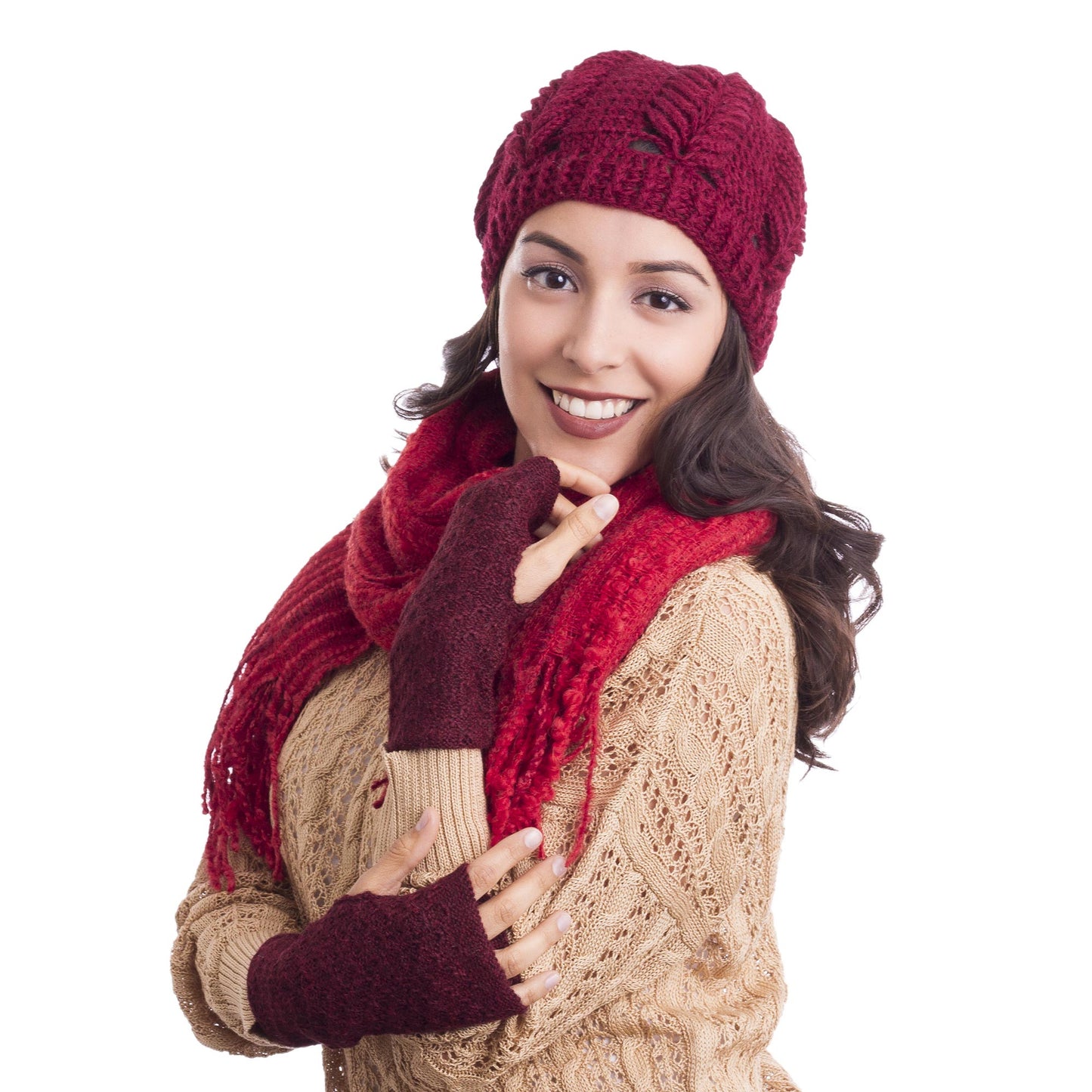 Passionate Pattern in Maroon Patterned 100% Baby Alpaca Fingerless Mitts in Maroon