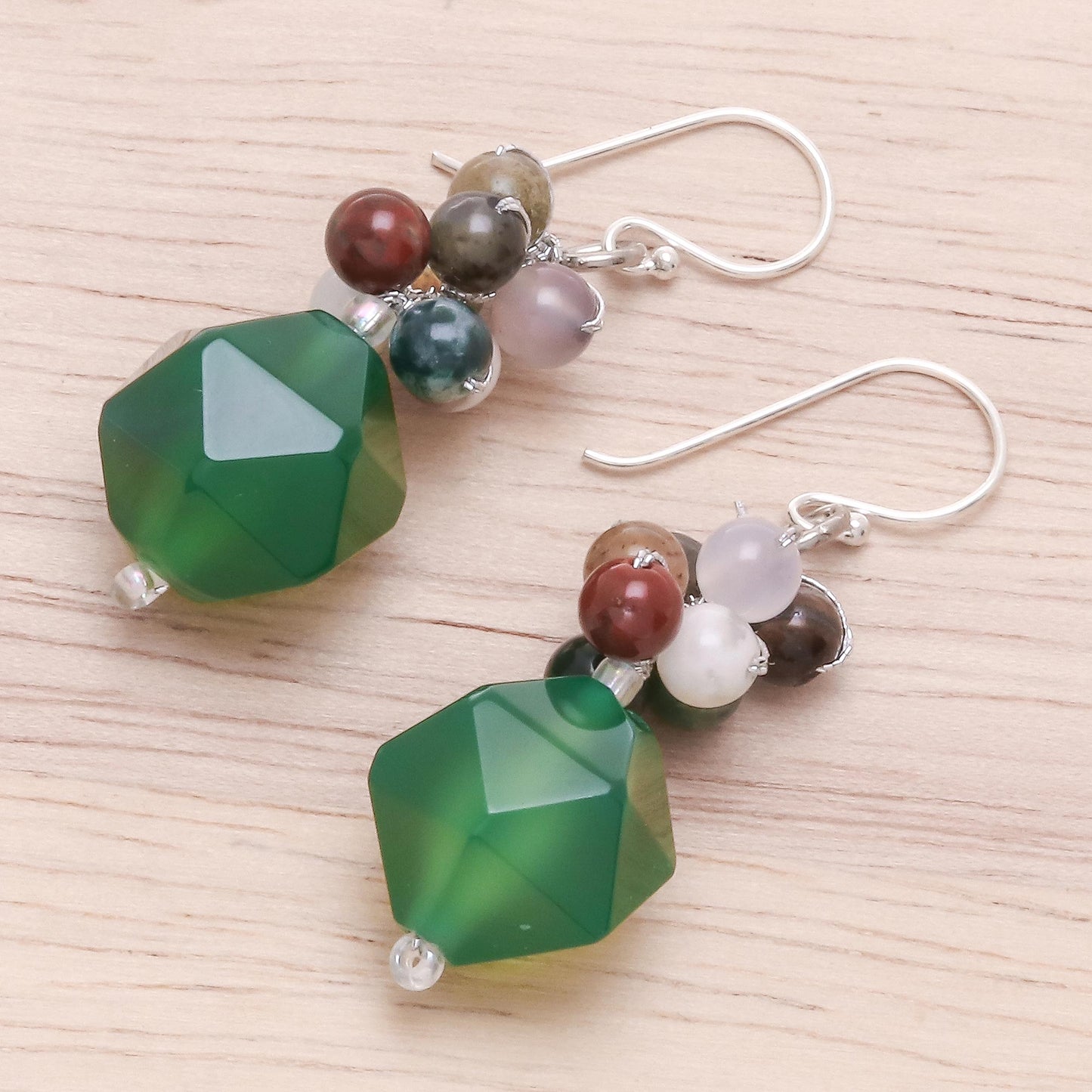 Beautiful Glam in Green Multi-Gemstone Beaded Cluster Earrings in Green