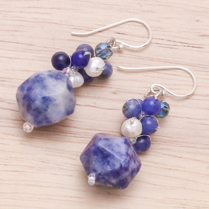 Beautiful Glam Lapis Lazuli and Cultured Pearl Beaded Cluster Earrings