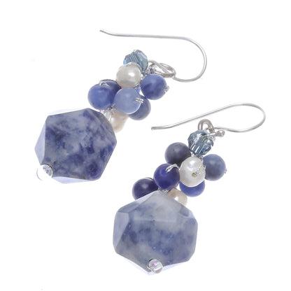 Beautiful Glam Lapis Lazuli and Cultured Pearl Beaded Cluster Earrings