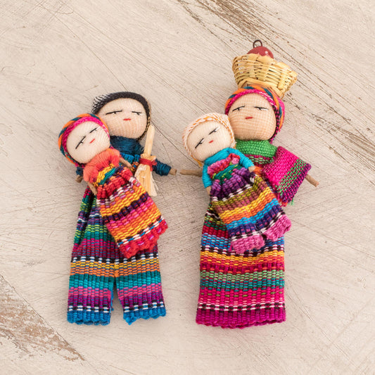 Two Mothers Handmade Cotton Worry Dolls from Guatemala (Pair)