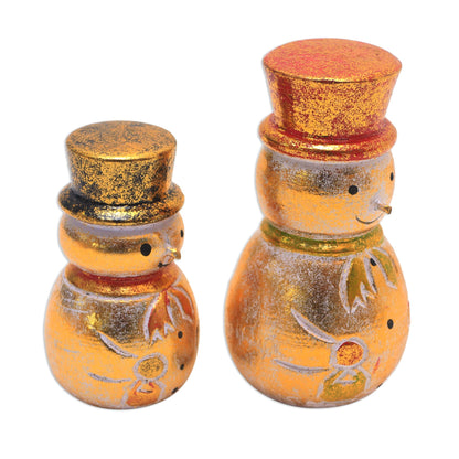 Smiling Snowmen Distressed Gold-Tone Wood Snowman Holiday Decor (Pair)