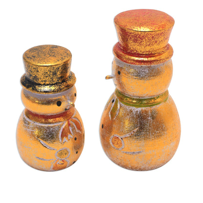 Smiling Snowmen Distressed Gold-Tone Wood Snowman Holiday Decor (Pair)
