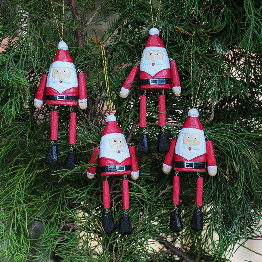 Dancing Santas Dangling Wood Santa Ornaments from Bali (Set of 4)