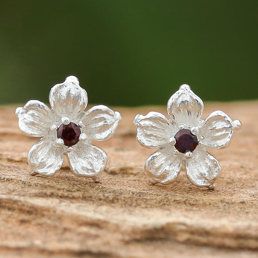 Winter Blooms Floral Garnet Stud Earrings from Thailand