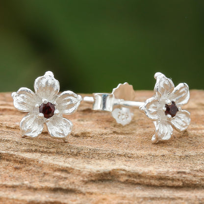 Winter Blooms Floral Garnet Stud Earrings from Thailand