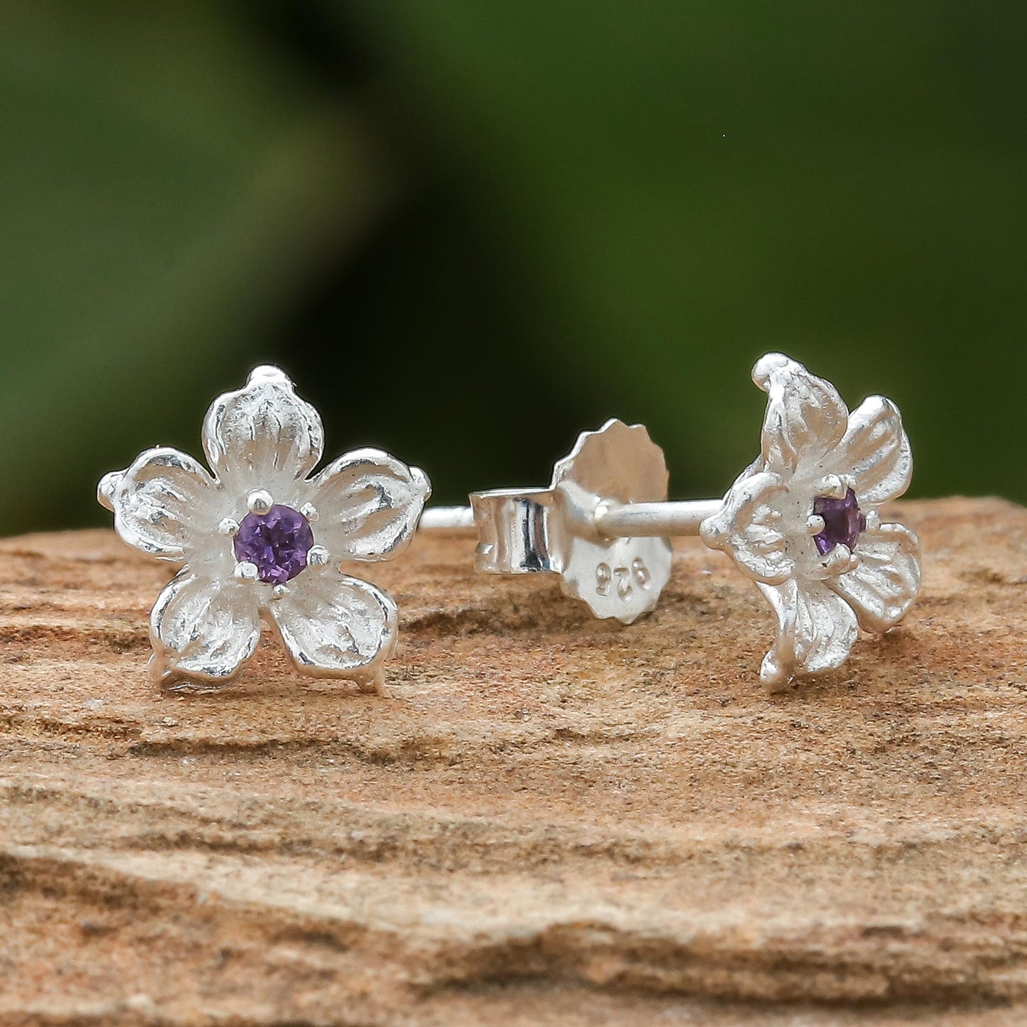 Winter Blooms Floral Amethyst Stud Earrings from Thailand