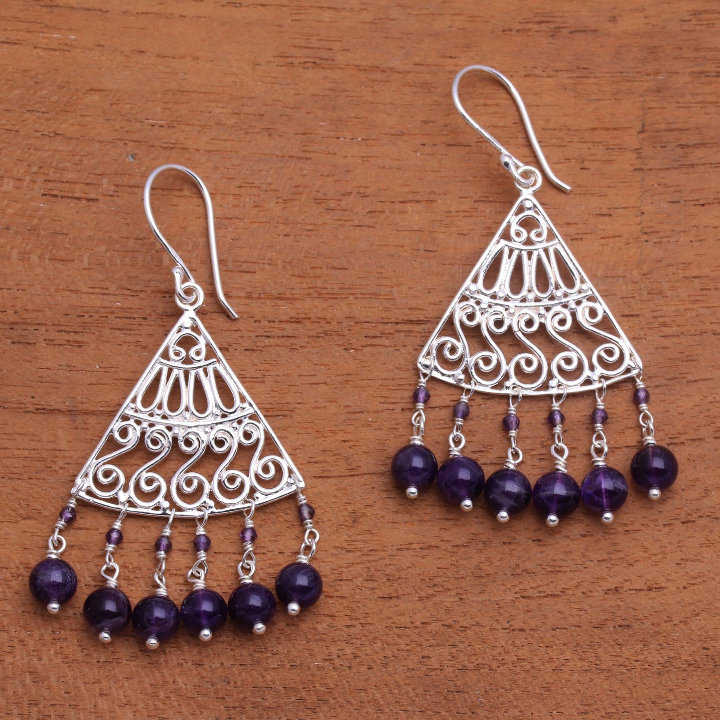 Spiral Fascination Spiral Pattern Amethyst Chandelier Earrings from Bali