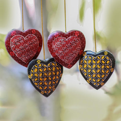 Traditional Hearts Traditional Batik Wood Heart Ornaments from Java (Set of 4)