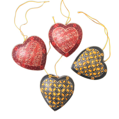 Traditional Hearts Traditional Batik Wood Heart Ornaments from Java (Set of 4)