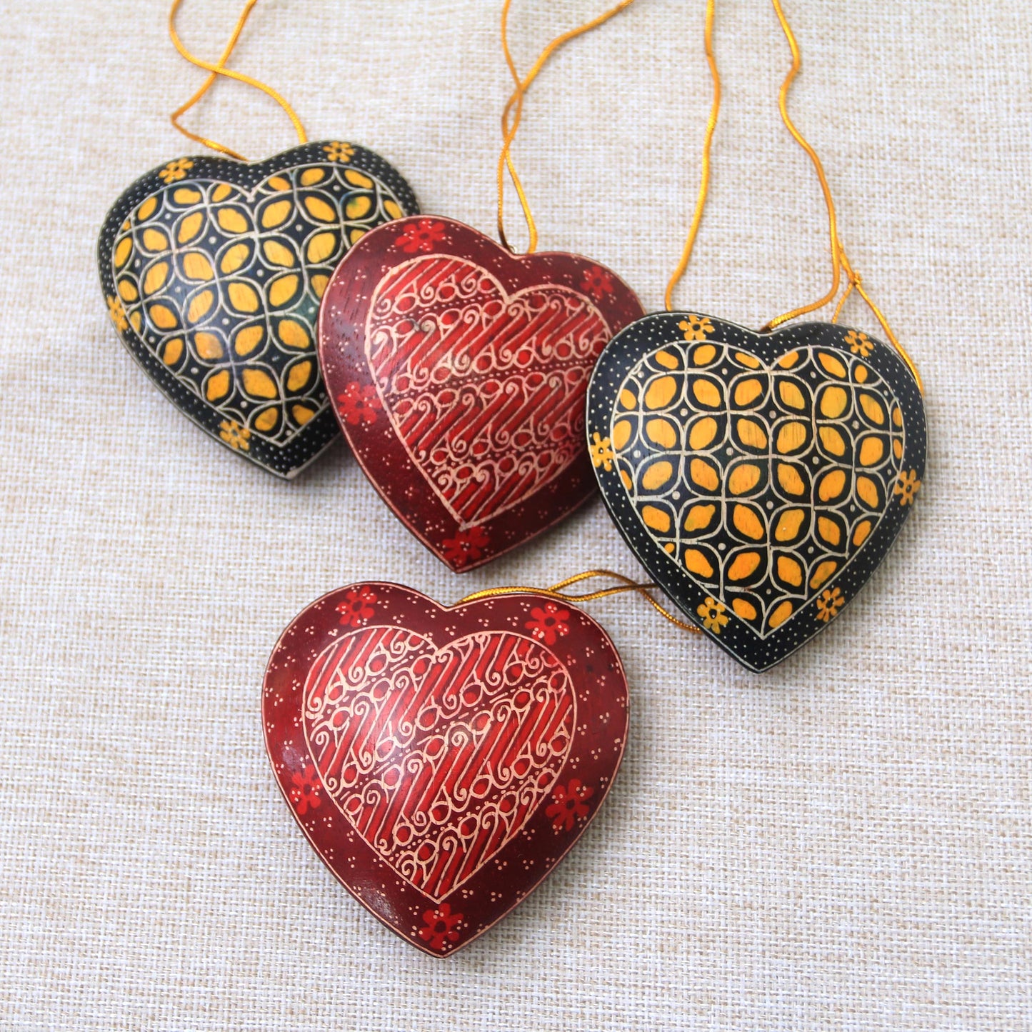 Traditional Hearts Traditional Batik Wood Heart Ornaments from Java (Set of 4)