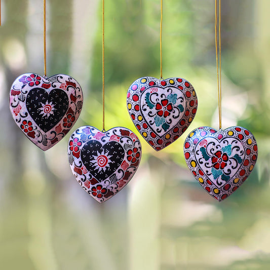 Heart Flowers Floral Batik Wood Heart Ornaments from Java (Set of 4)