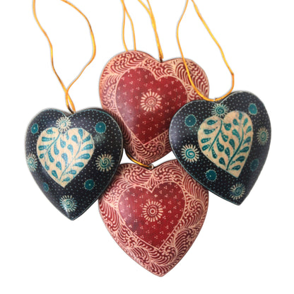 Traditional Nature Leaf Motif Batik Wood Ornaments from Java (Set of 4)