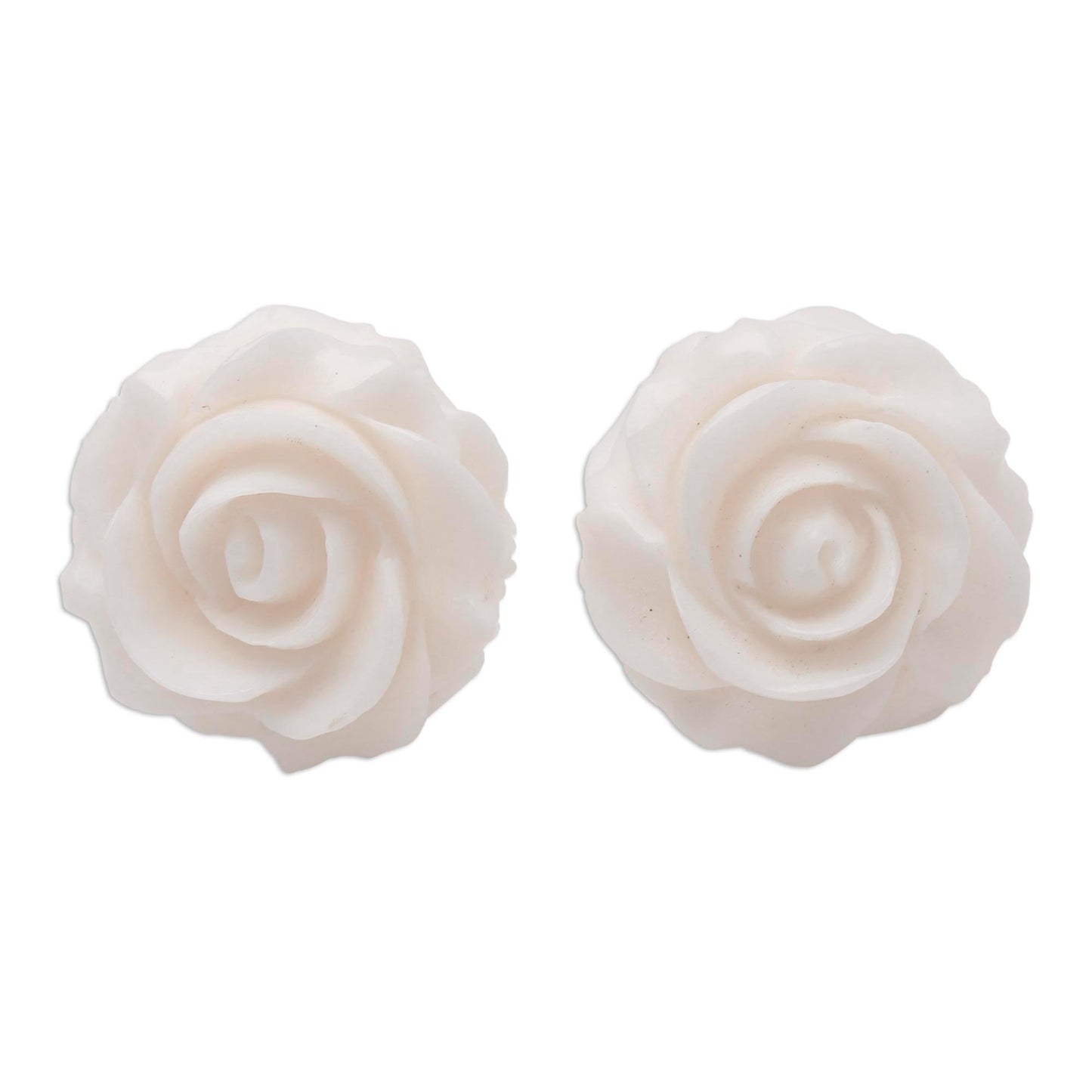 Fascinating Roses Hand-Carved Bone Rose Button Earrings from Bali