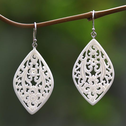 Bali Windows Hand-Carved Floral Bone Dangle Earrings from Bali