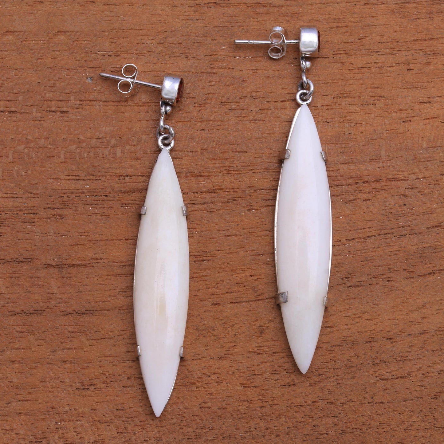 Beautiful Canoes Handmade Bone and Garnet Dangle Earrings from Bali