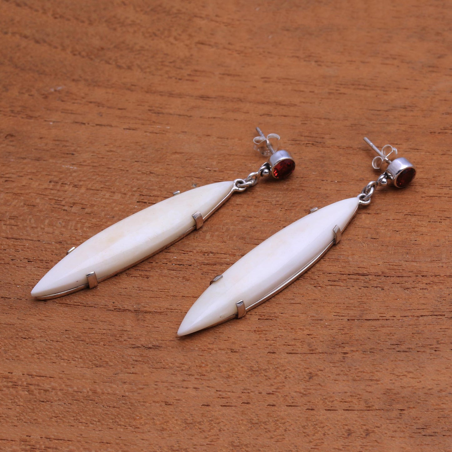 Beautiful Canoes Handmade Bone and Garnet Dangle Earrings from Bali