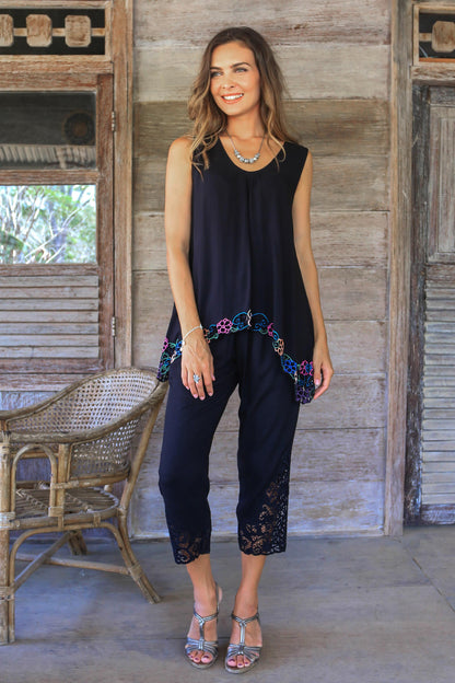 Flower Colors in Black Floral Embroidered Rayon Blouse in Black from Bali