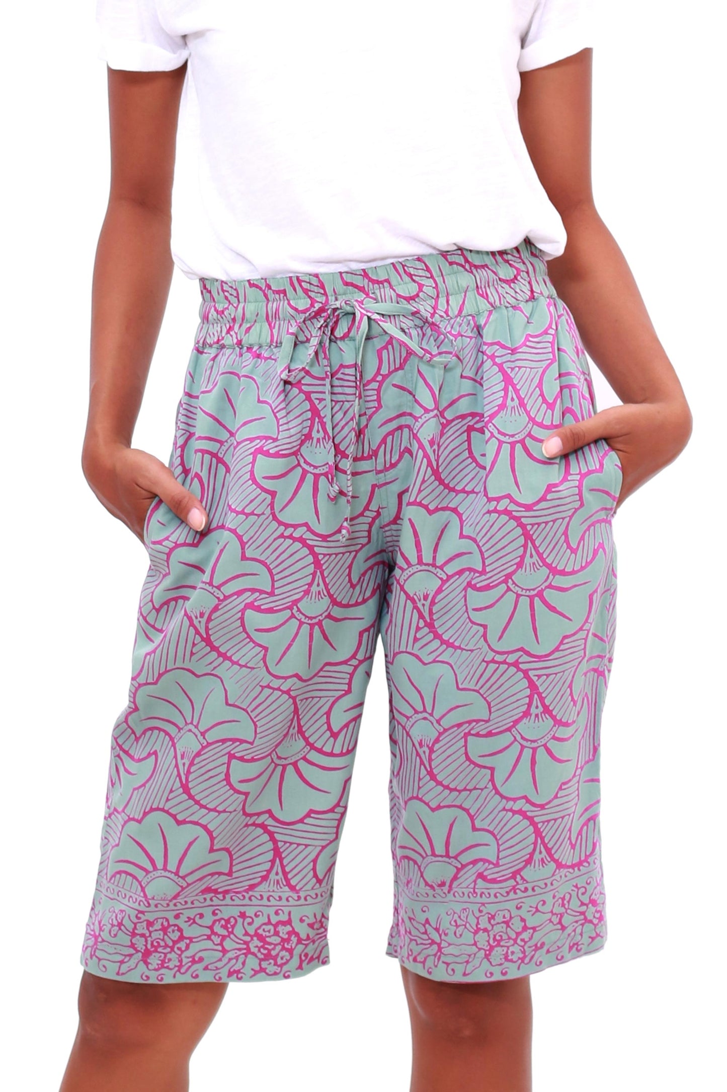 Gingko Leaf Batik Rayon Shorts in Mint and Magenta from Bali