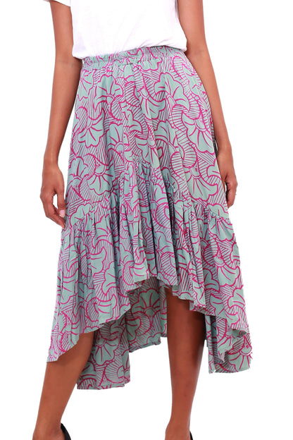 Gingko Leaf Batik Rayon Skirt in Green and Magenta from Bali