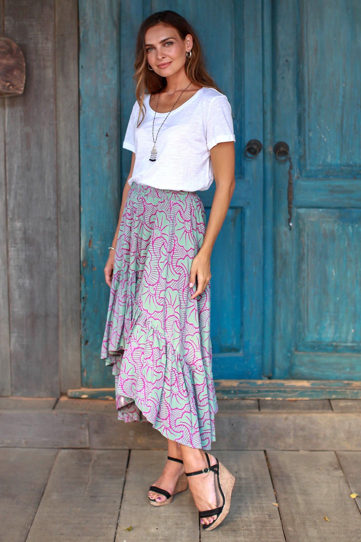 Gingko Leaf Batik Rayon Skirt in Green and Magenta from Bali