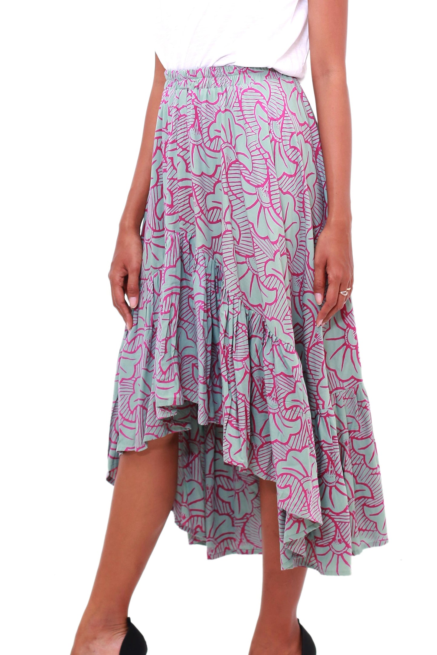 Gingko Leaf Batik Rayon Skirt in Green and Magenta from Bali