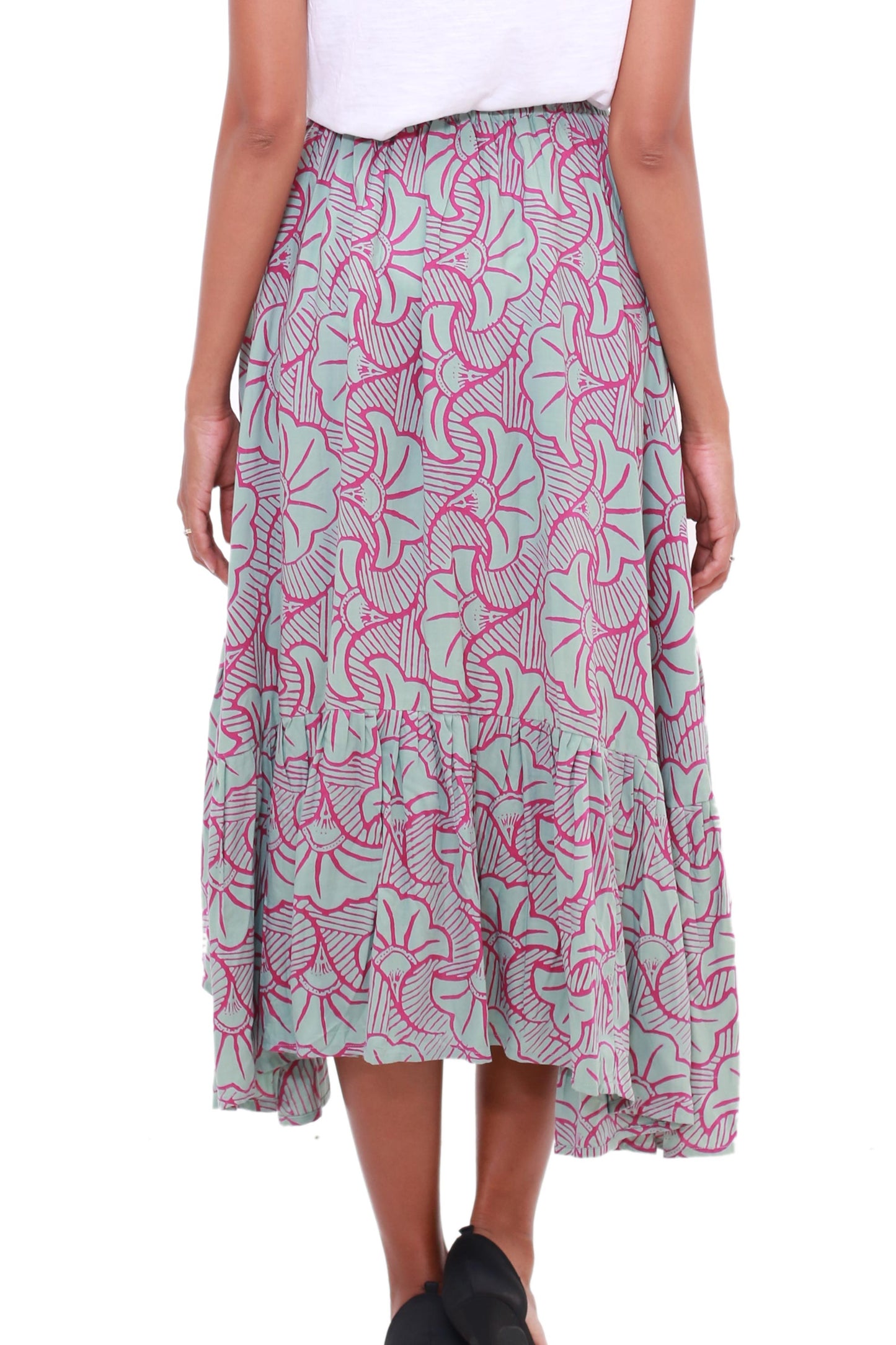 Gingko Leaf Batik Rayon Skirt in Green and Magenta from Bali