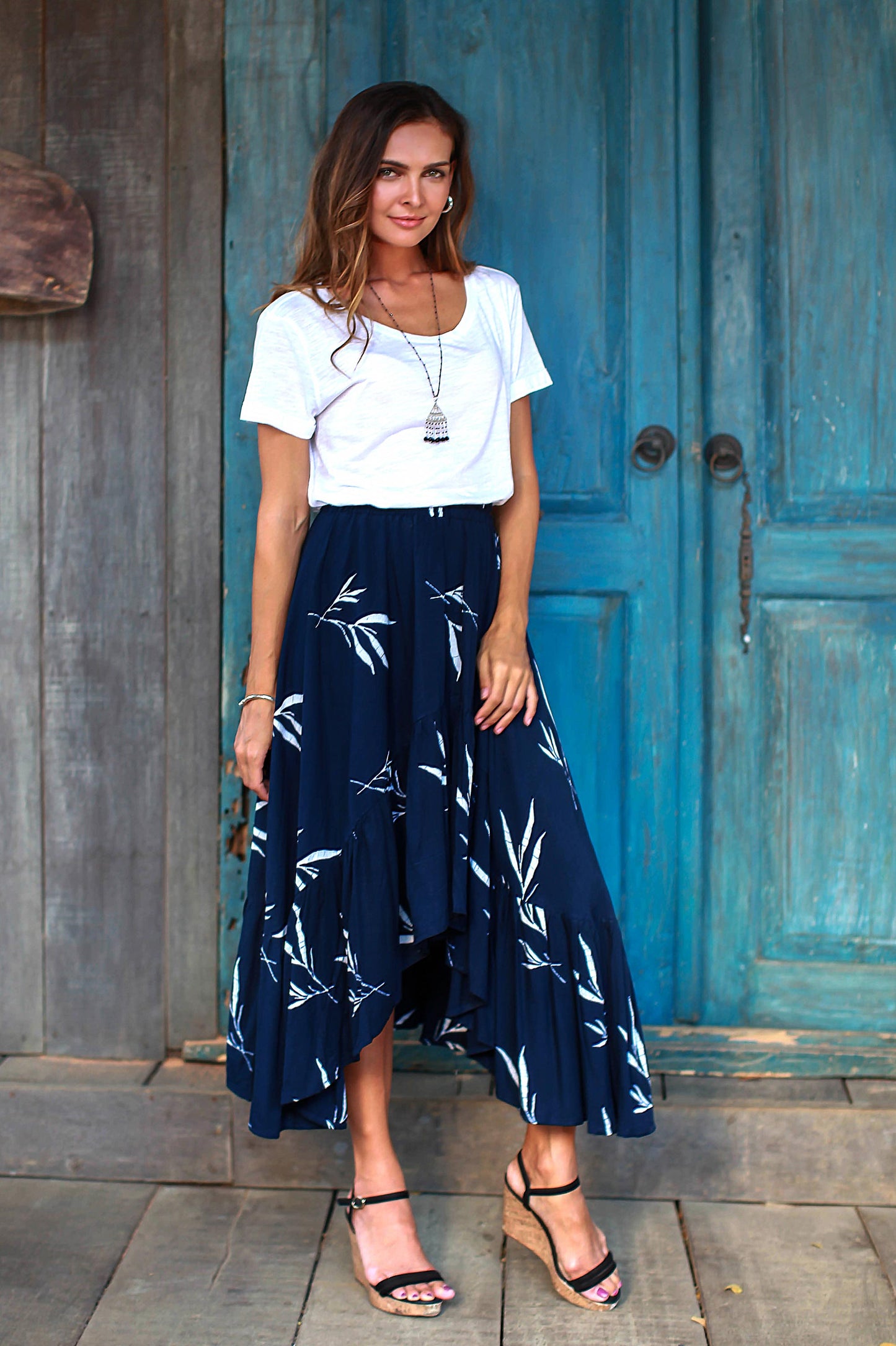 Midnight Fall Batik Rayon Skirt in Midnight and White from Bali