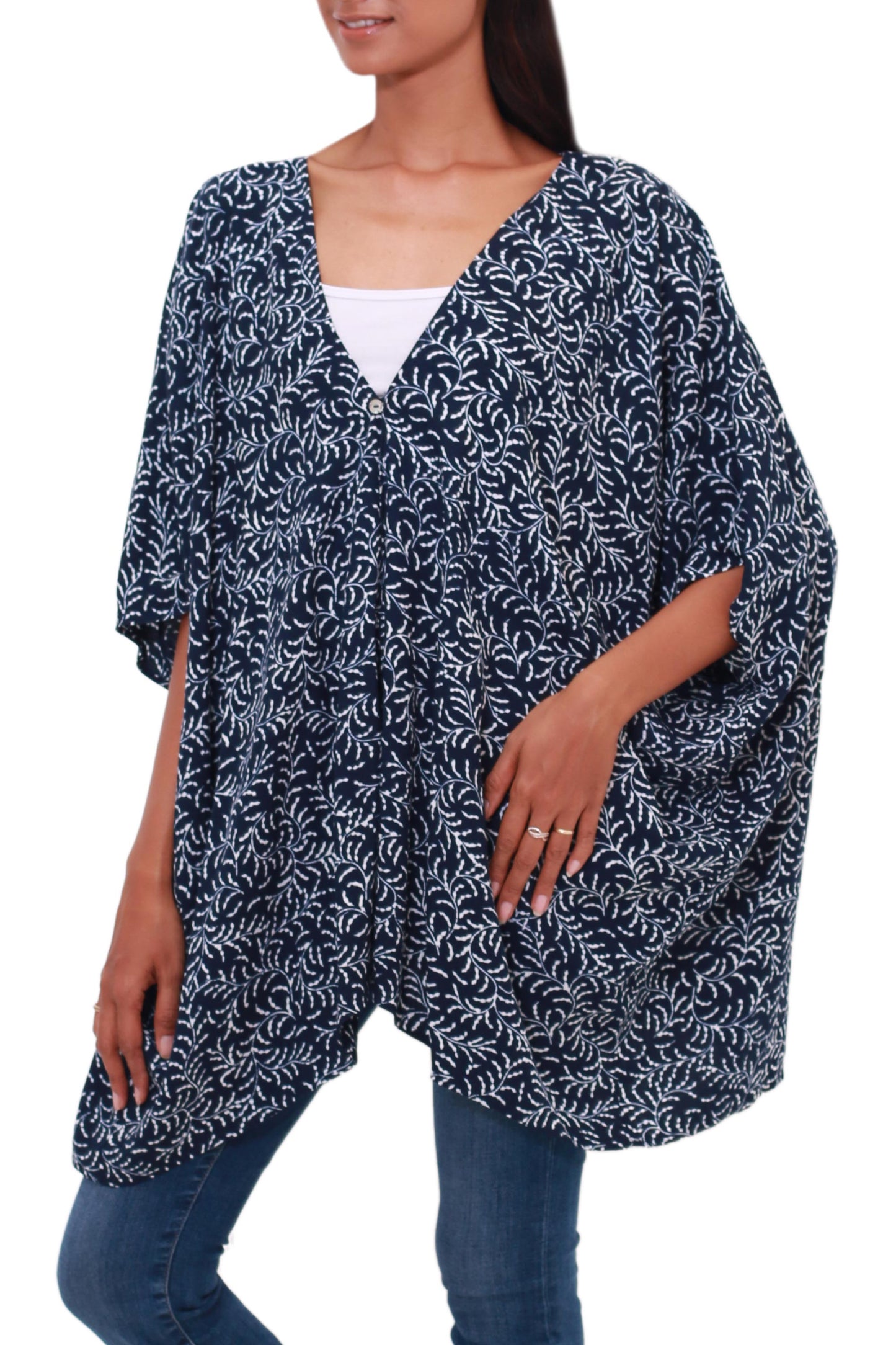 Many Leaves Batik Rayon Kimono Jacket in Midnight and White from Bali