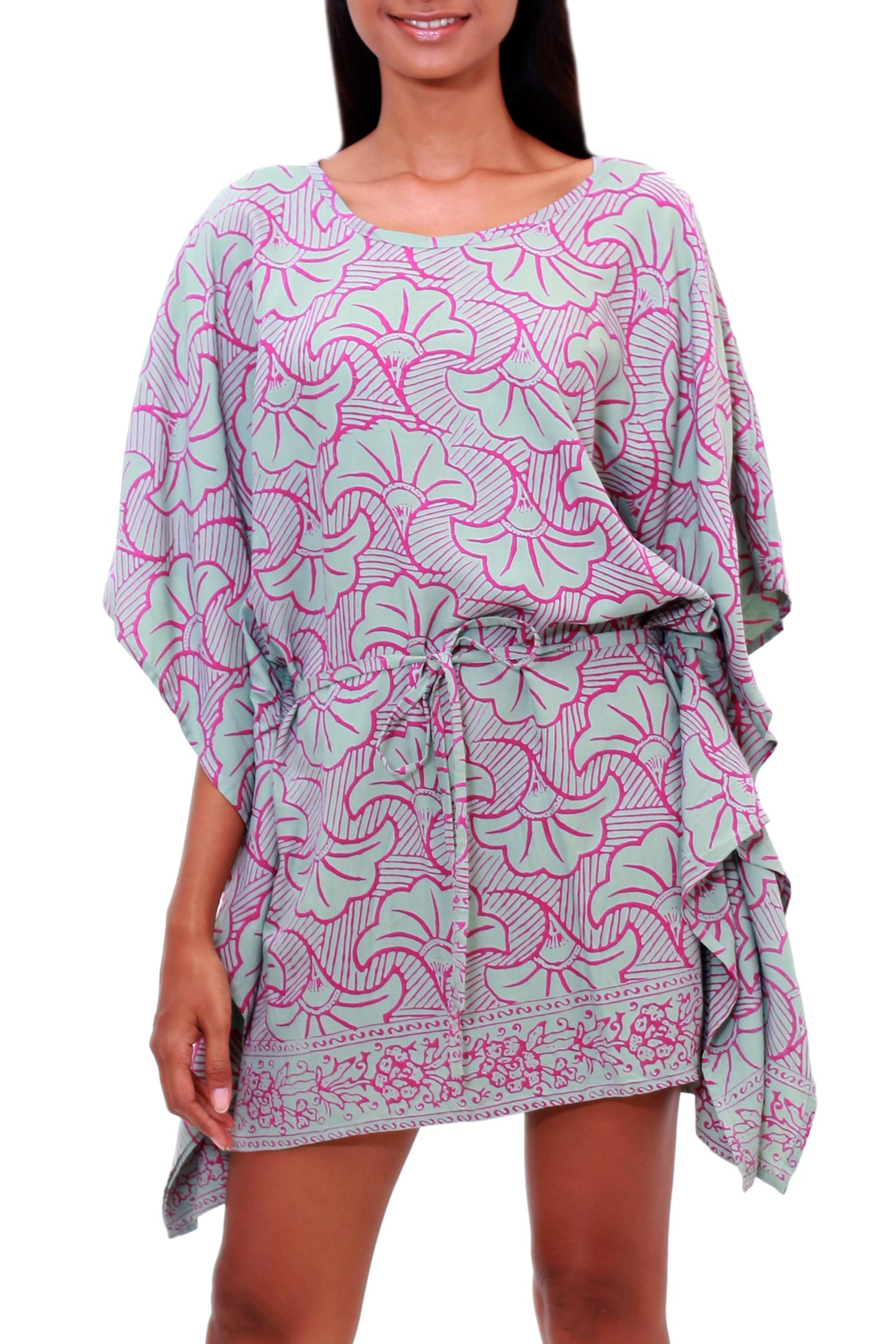 Gingko Leaf Batik Rayon Caftan in Mint and Magenta from Bali