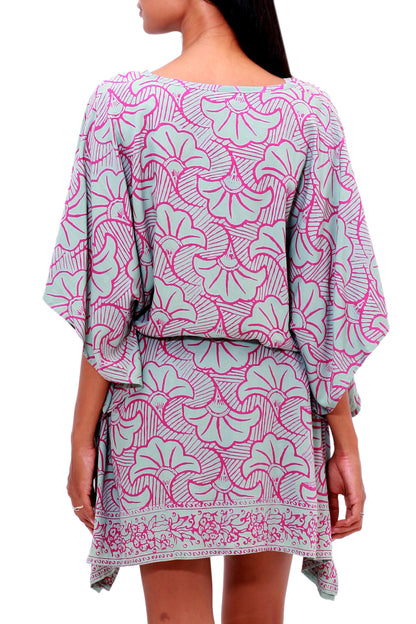 Gingko Leaf Batik Rayon Caftan in Mint and Magenta from Bali