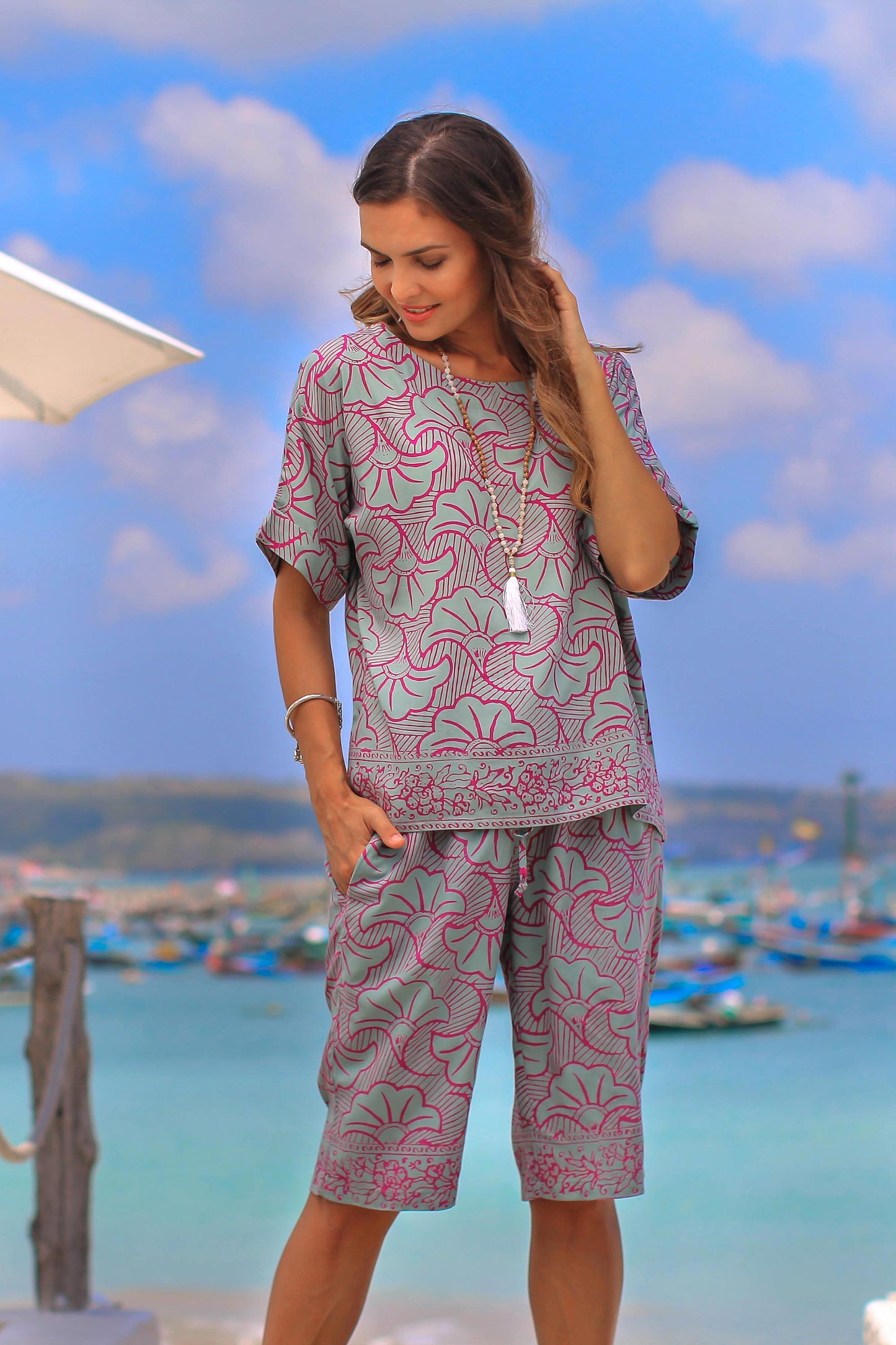 Gingko Leaf Batik Rayon Shirt in Mint and Magenta from Bali